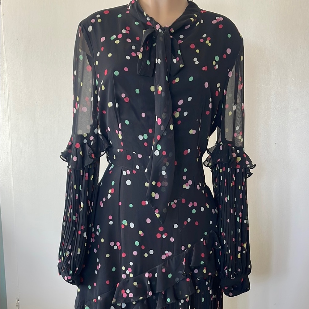 TOPSHOP  GORGEOUS Black Polka Dot Tie-Neck Long Sleeve sz  12”womens DRESS Dress